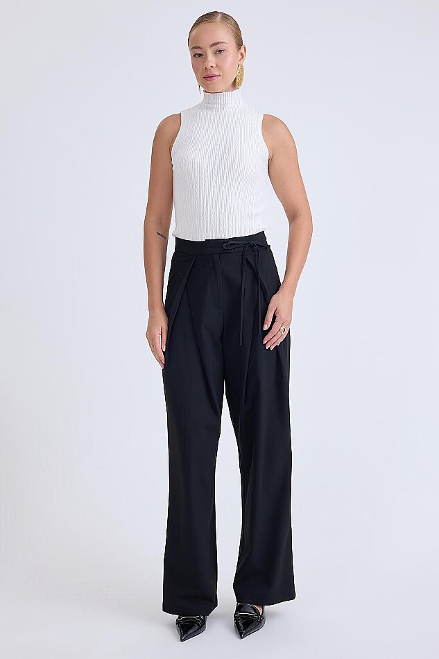 Beli Bağcıklı Geniş Paça Pantolon - 5