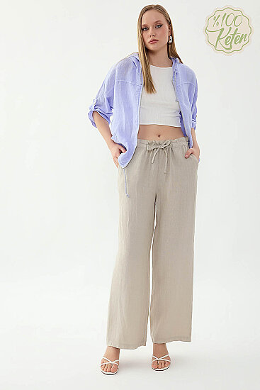 %100 Keten Beli Bağcıklı Pantolon - 1