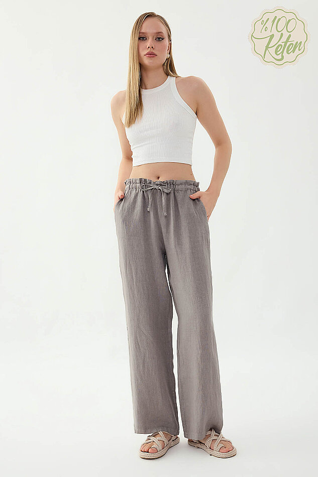 %100 Keten Beli Bağcıklı Pantolon - 18