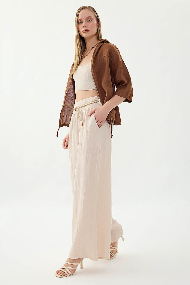 %100 Keten Halat Kemerli Geniş Paça Pantolon - 8