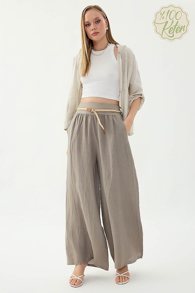 %100 Keten Halat Kemerli Geniş Paça Pantolon - 31