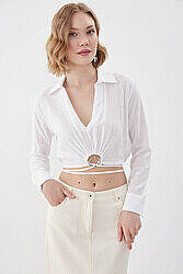 Beli Halka Detaylı V Yaka Lastikli Crop Bluz - 36