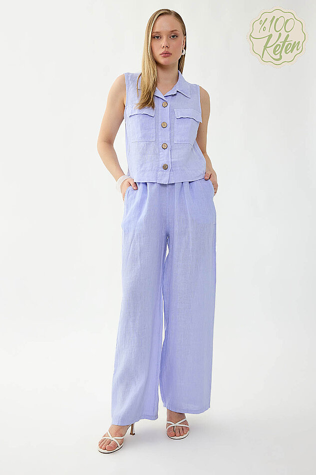 %100 Keten Beli İp Bağlamalı Geniş Paça Pantolon - 3