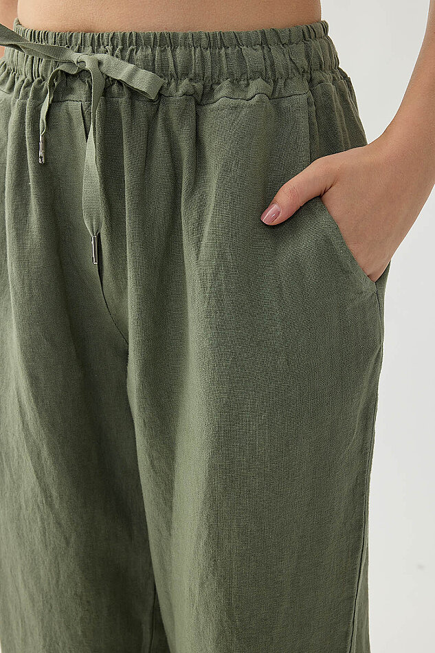 %100 Keten Beli Lastikli Cepli Geniş Paça Pantolon - 9