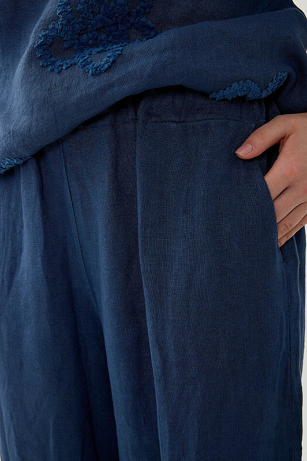 %100 Keten Beli Lastikli Çiçek Motifli Cepli Pantolon - 9