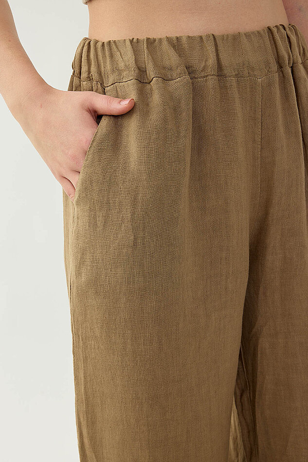 %100 Keten Beli Lastikli Çiçek Motifli Cepli Pantolon - 21