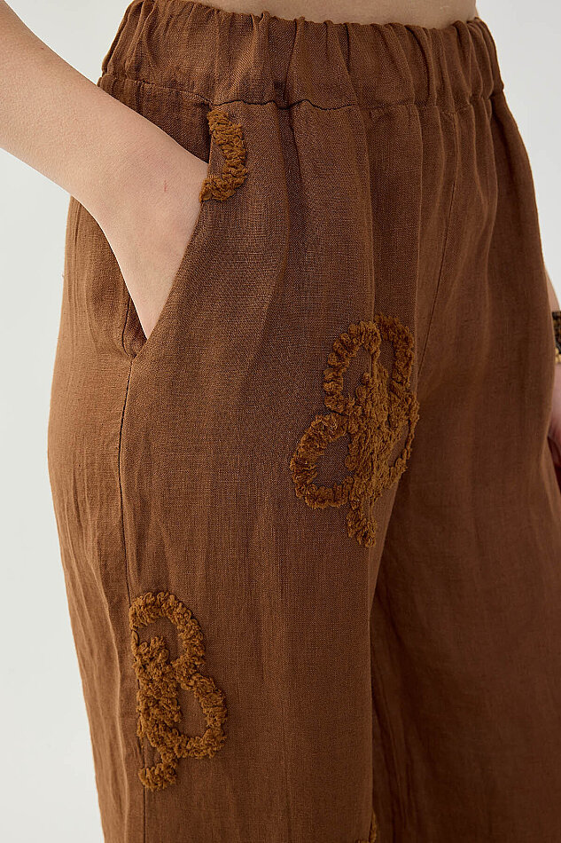 %100 Keten Beli Lastikli Çiçek Motifli Pantolon - 24