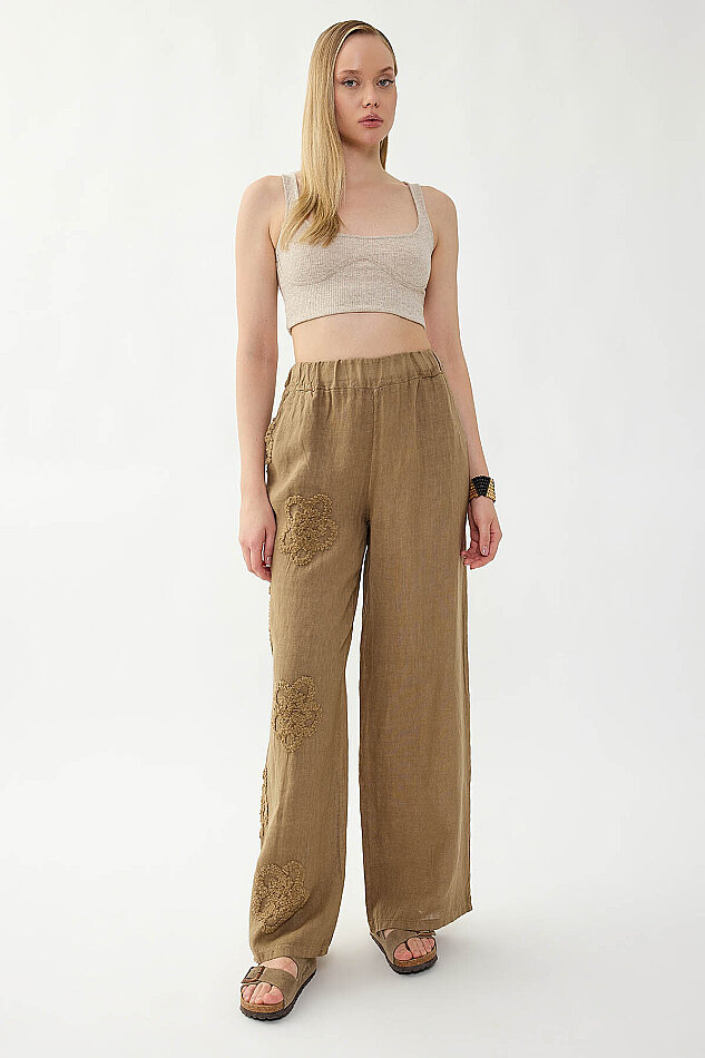 %100 Keten Beli Lastikli Çiçek Motifli Pantolon - 3