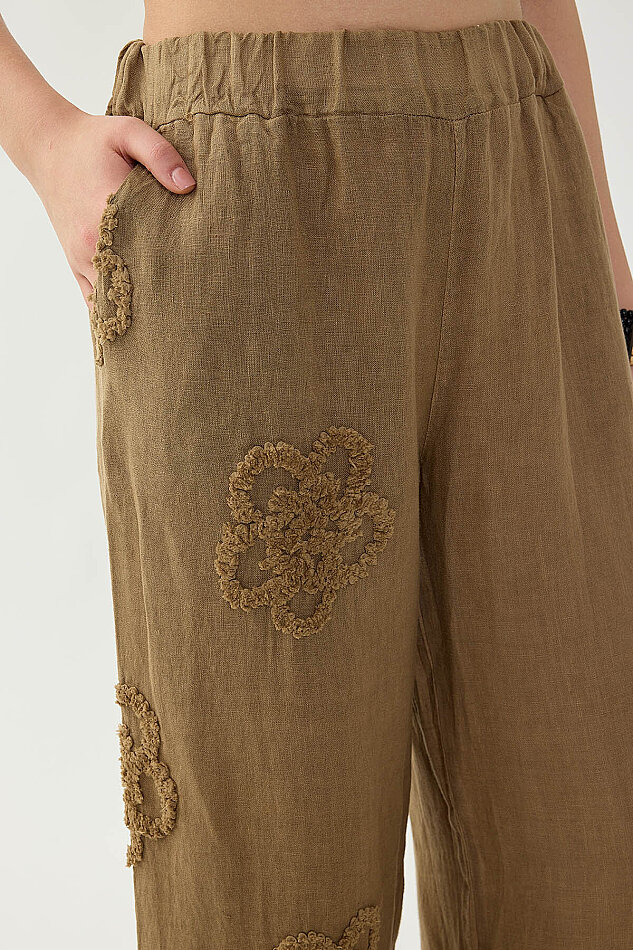 %100 Keten Beli Lastikli Çiçek Motifli Pantolon - 6