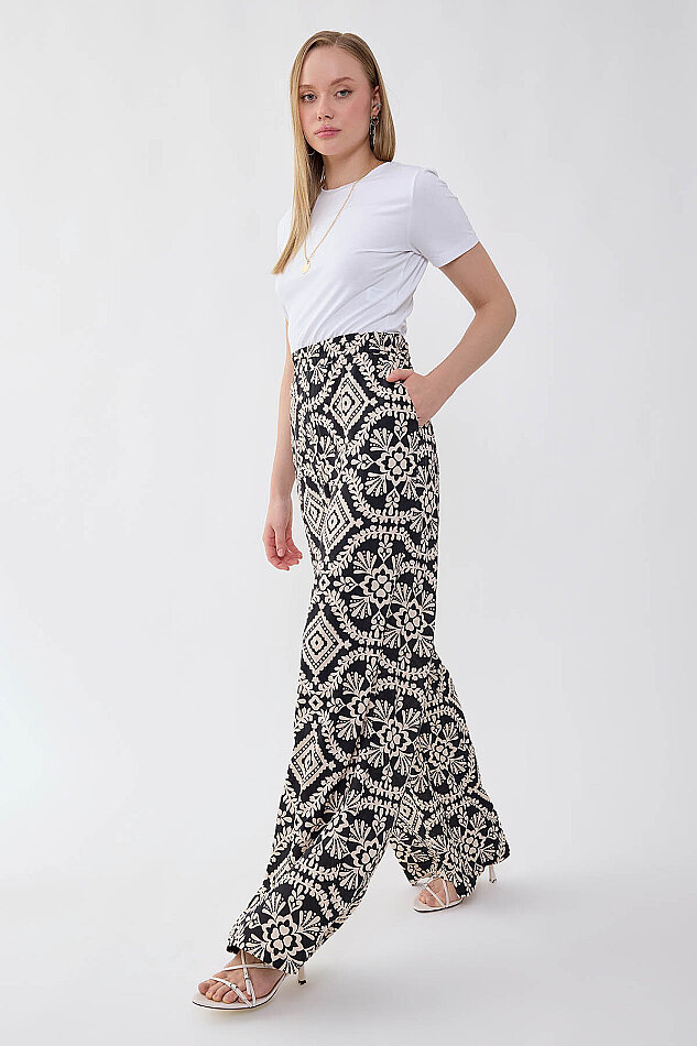 Beli Lastikli Desenli Geniş Paça Pantolon - 2