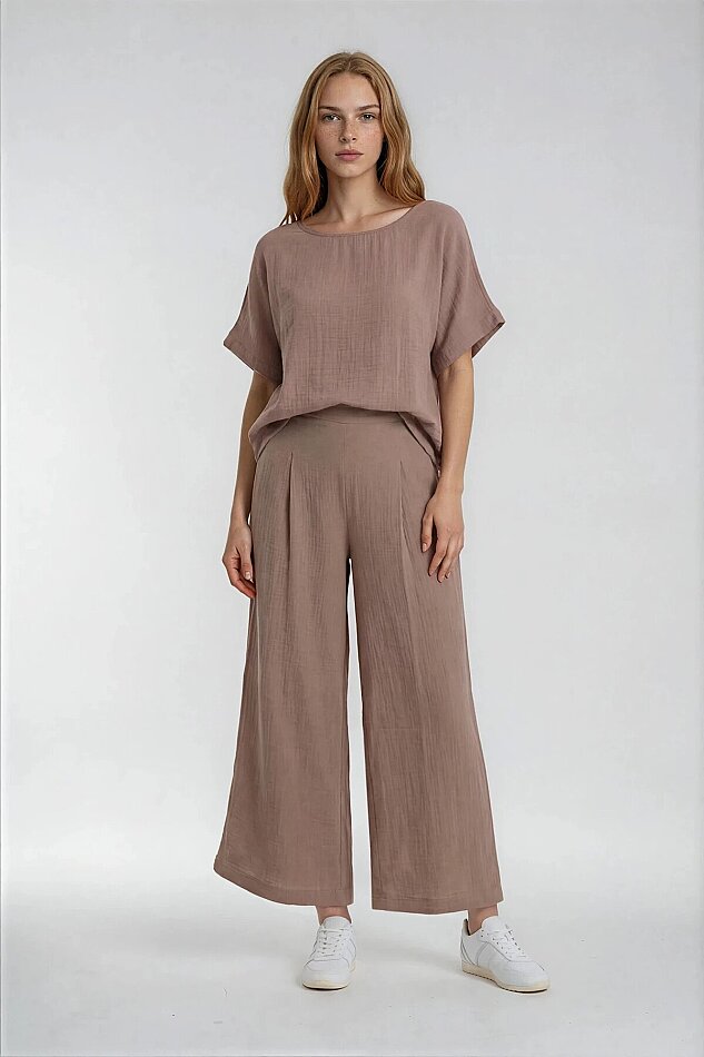 Beli Lastikli Geniş Paça Keten Pantolon - 2