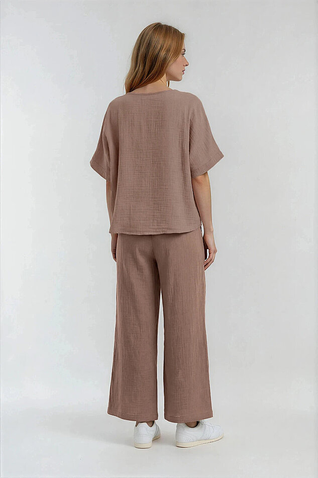 Beli Lastikli Geniş Paça Keten Pantolon - 4