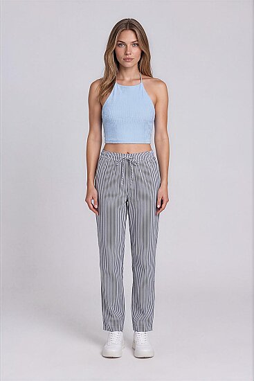 Beli Lastikli Kalın Çizgili Geniş Paça Pantolon - 1