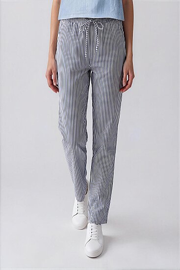 Beli Lastikli Kalın Çizgili Geniş Paça Pantolon - 3