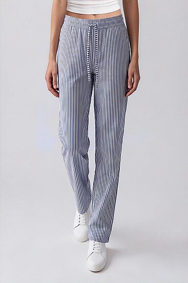 Beli Lastikli Kalın Çizgili Geniş Paça Pantolon - 8