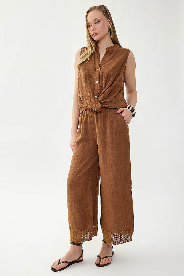 %100 Keten Beli Lastikli Paçası Fileli Pantolon - 6