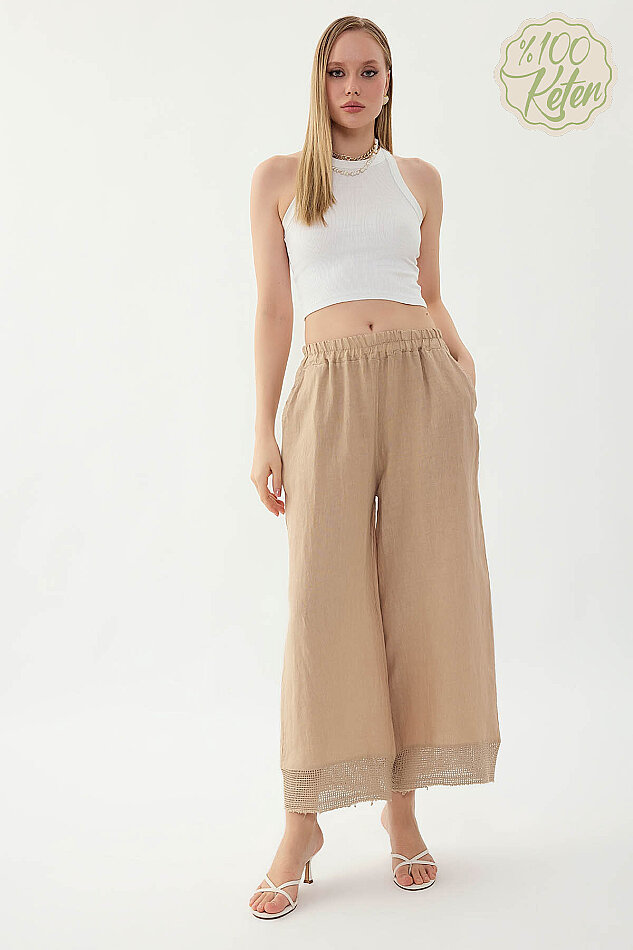 %100 Keten Beli Lastikli Paçası Fileli Pantolon - 9