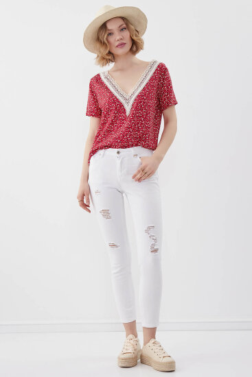 Beyaz Yırtık Skinny Denim Pantolon - 1