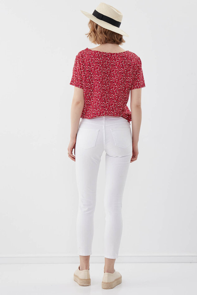 Beyaz Yırtık Skinny Denim Pantolon - 5