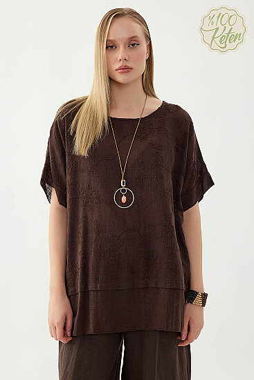 %100 Keten Çiçekli Oversize Bluz - 1