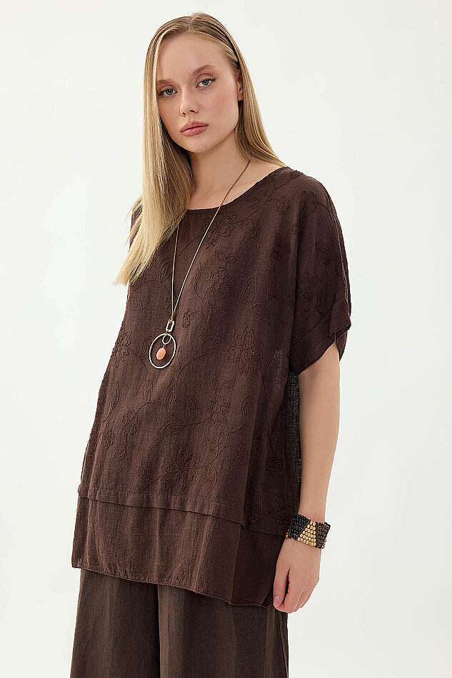 %100 Keten Çiçekli Oversize Bluz (1)