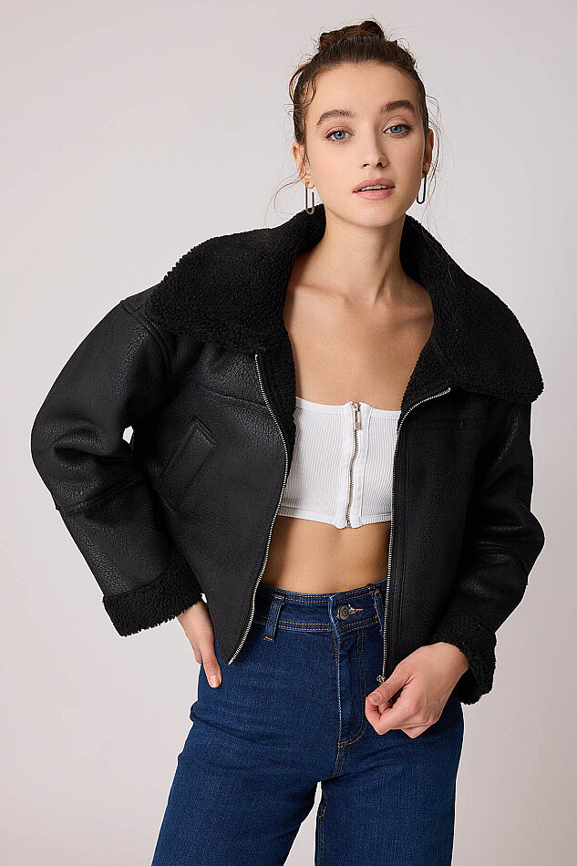 Çift Cep Suni Deri Kürklü Biker Ceket - 10