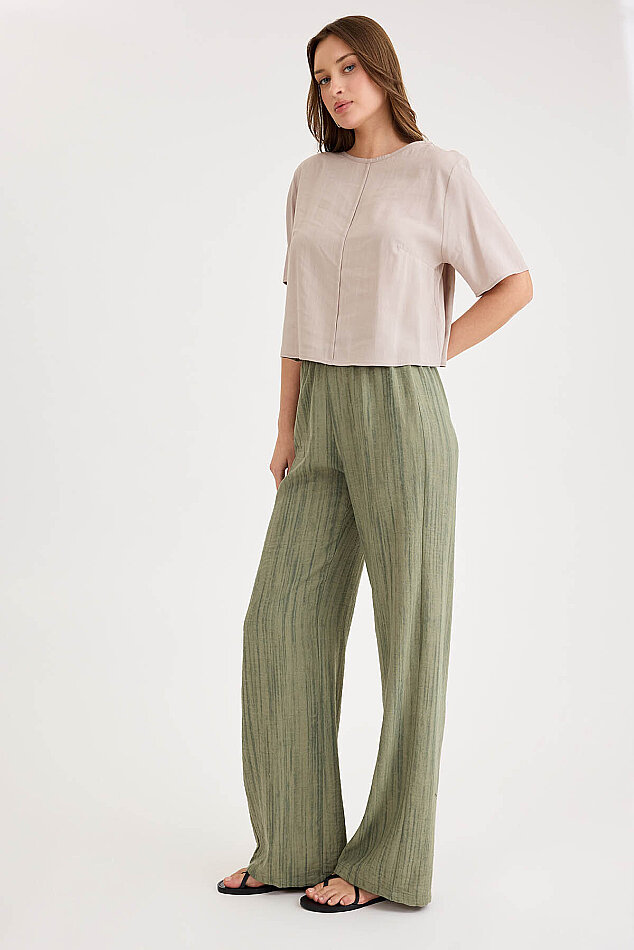 Desenli Beli Lastikli Geniş Paça Pantolon - 3