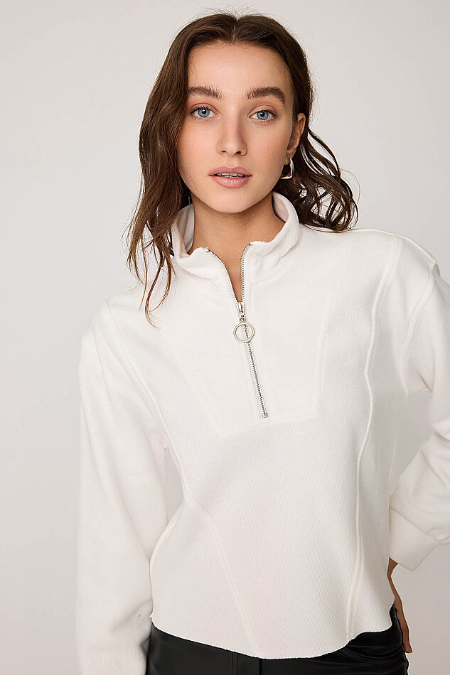 Dik Yaka Fermuarlı Örme Sweatshirt - 5