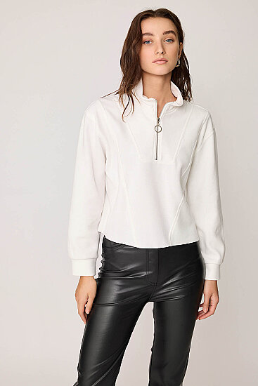 Dik Yaka Fermuarlı Örme Sweatshirt - 4