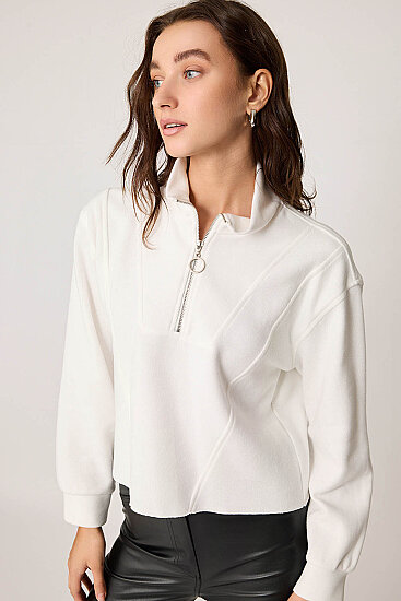Dik Yaka Fermuarlı Örme Sweatshirt - 6