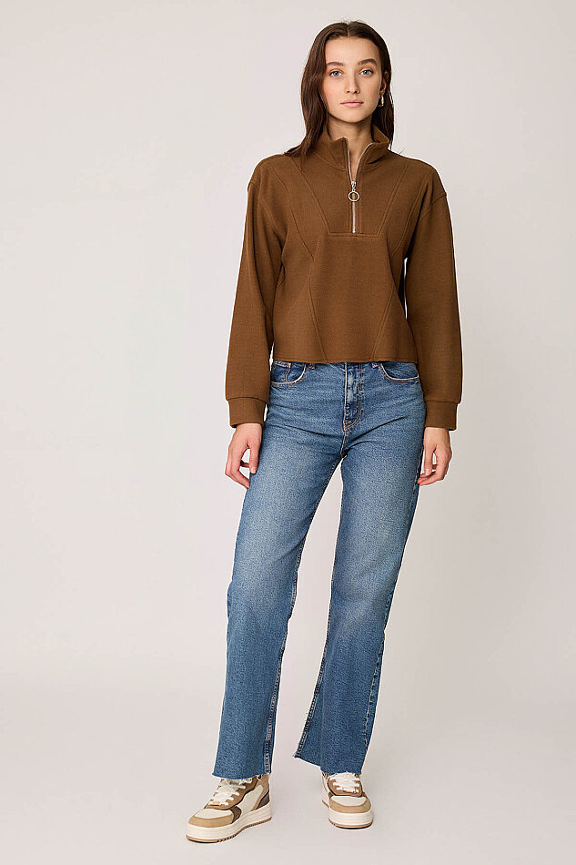 Dik Yaka Fermuarlı Örme Sweatshirt - 9