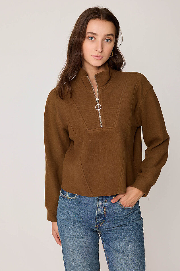 Dik Yaka Fermuarlı Örme Sweatshirt - 11