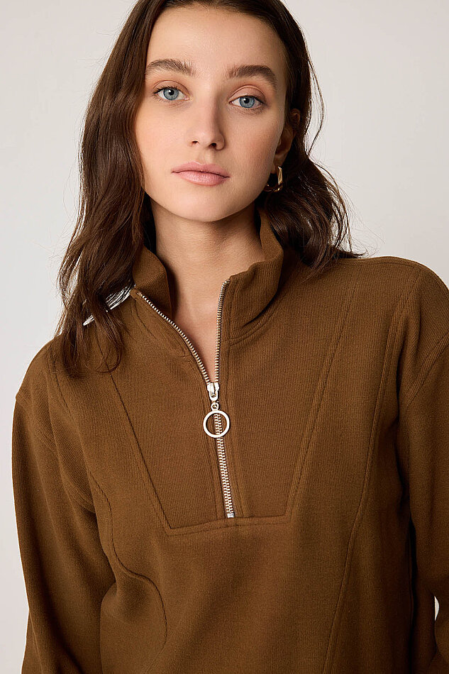 Dik Yaka Fermuarlı Örme Sweatshirt - 10
