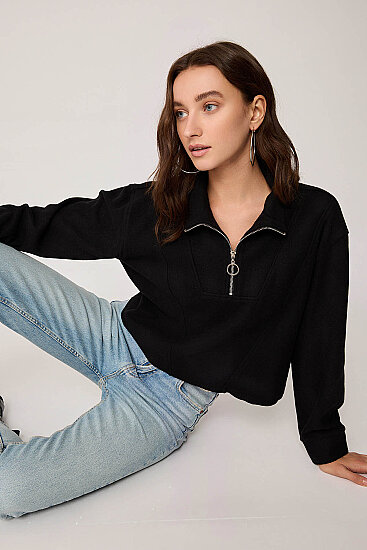 Dik Yaka Fermuarlı Örme Sweatshirt - 15
