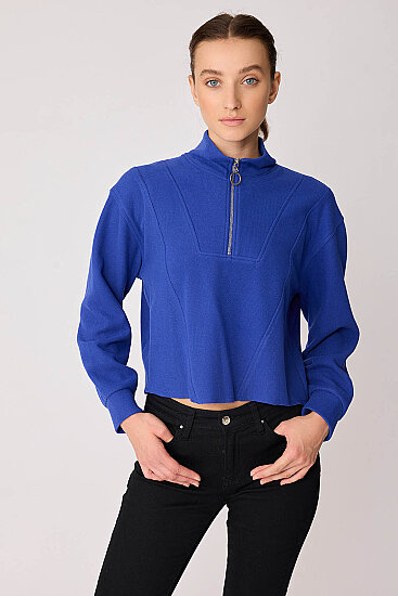 Dik Yaka Fermuarlı Örme Sweatshirt - 24