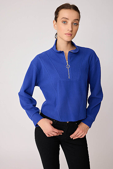 Dik Yaka Fermuarlı Örme Sweatshirt - 27
