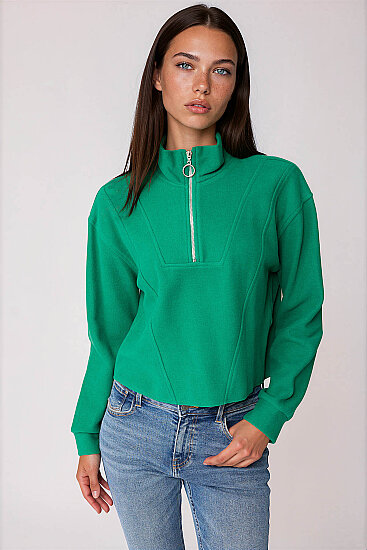 Dik Yaka Fermuarlı Örme Sweatshirt - 1