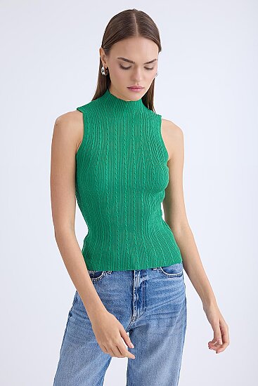 Dik Yaka Örgü Desen Sıfır Kol Triko Bluz - 24