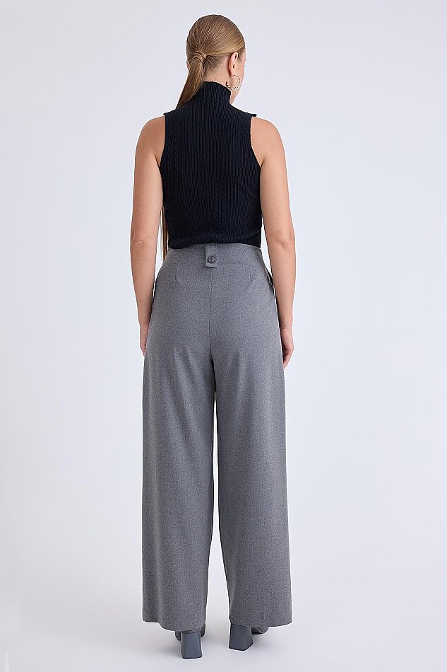 Düğme Detaylı Geniş Paça Pantolon - 4