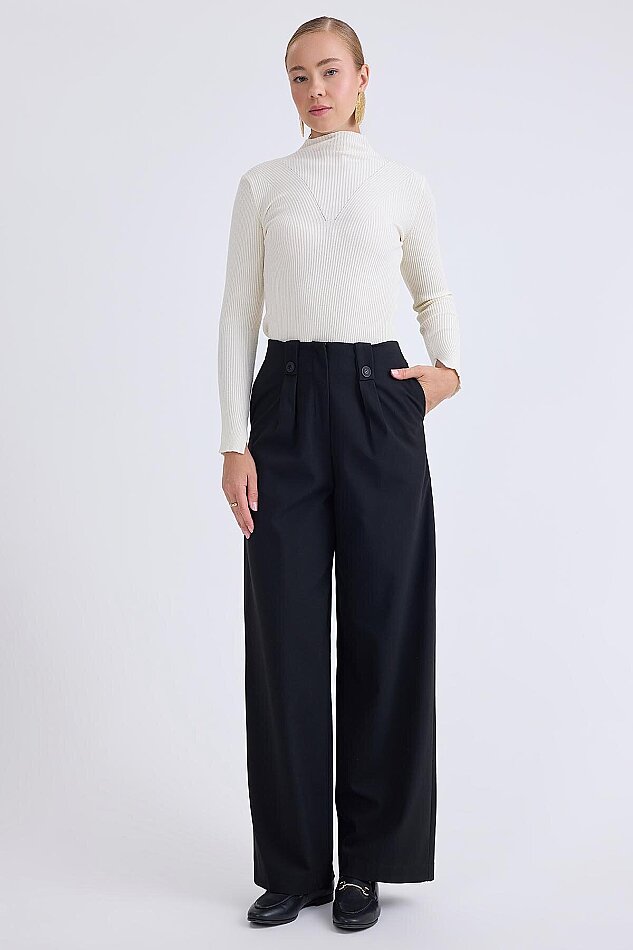 Düğme Detaylı Geniş Paça Pantolon - 9