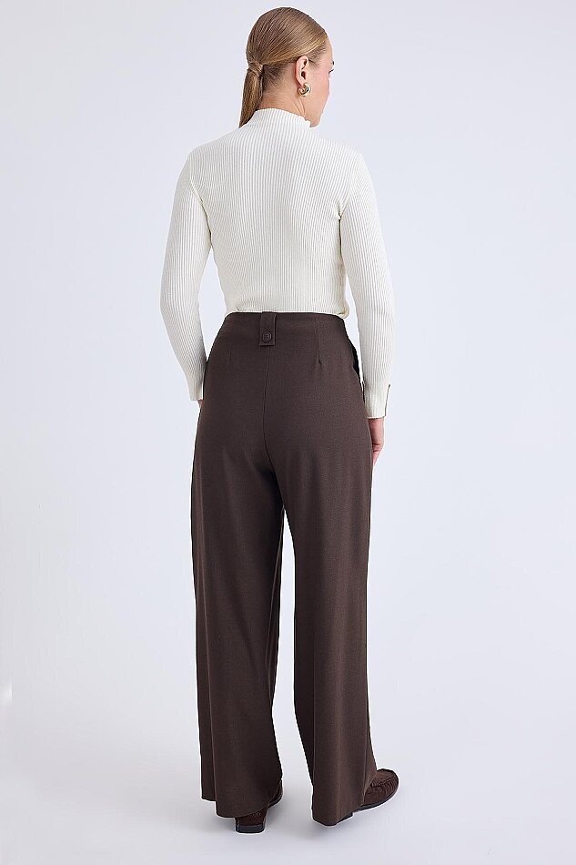 Düğme Detaylı Geniş Paça Pantolon - 17