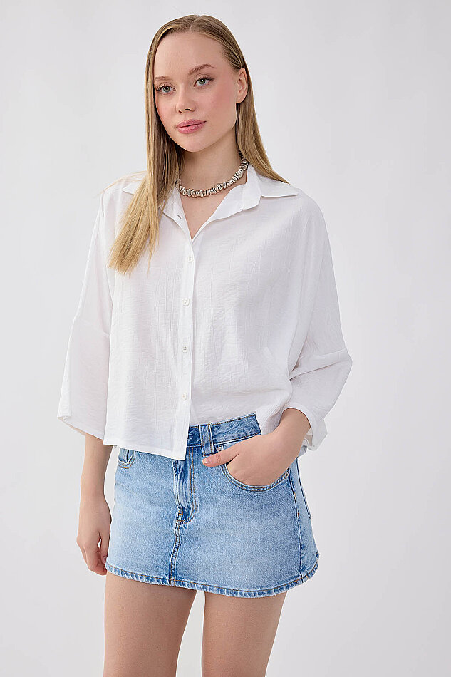 Düşük Omuz Krinkıl Kumaş Crop Gömlek