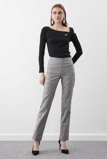 Ekose Desen Yüksek Bel Pantolon - 15