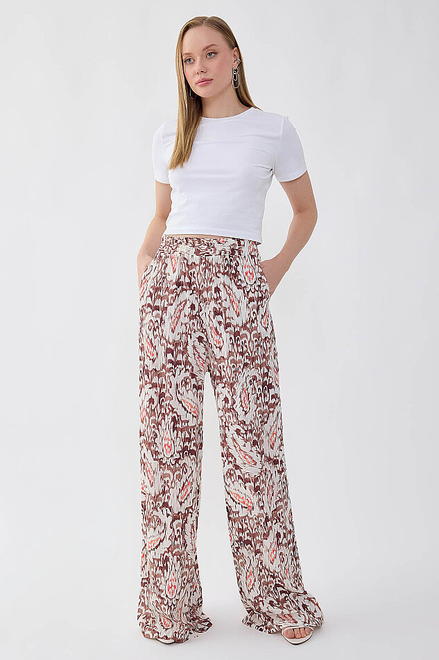 Etnik Desen Beli Lastikli Geniş Paça Pantolon - 1