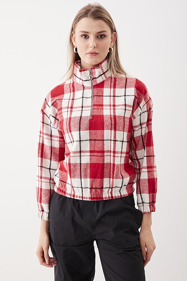 Fermuarlı Dik Yaka Ekose Desen Sweat - 4
