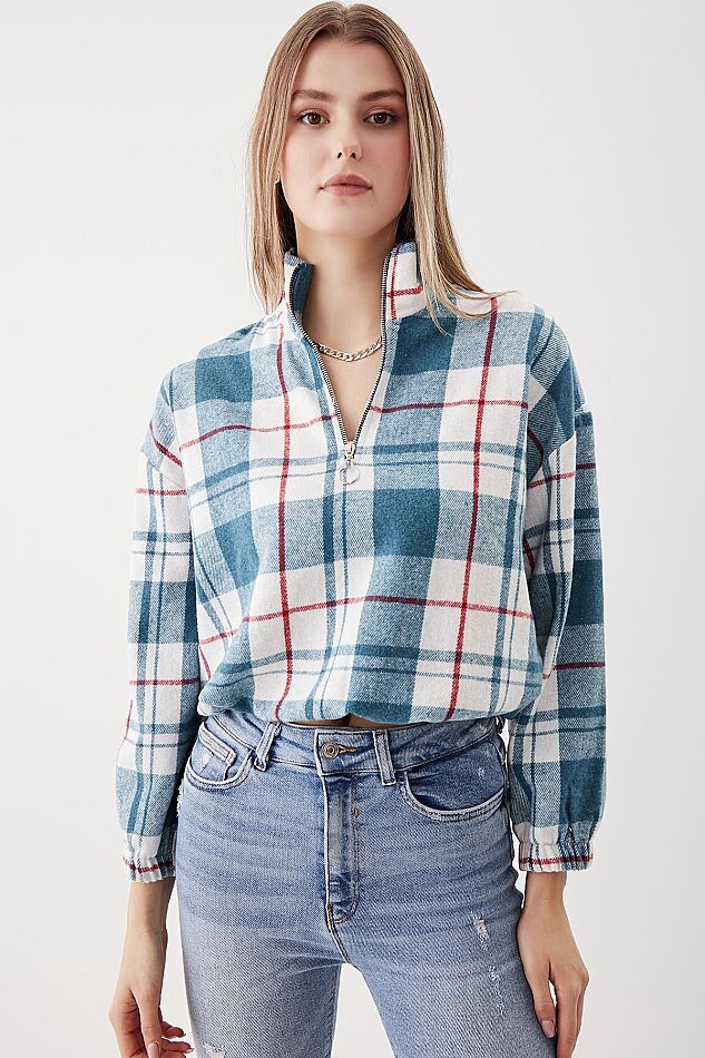 Fermuarlı Dik Yaka Ekose Desen Sweat - 11