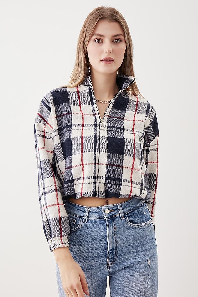 Fermuarlı Dik Yaka Ekose Desen Sweat - 22