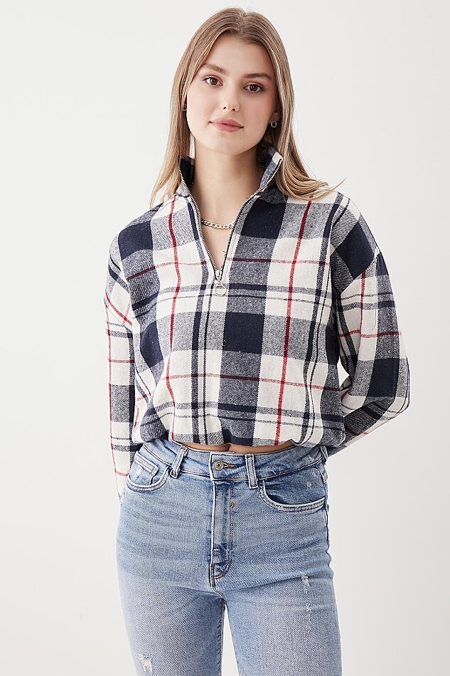 Fermuarlı Dik Yaka Ekose Desen Sweat - 23