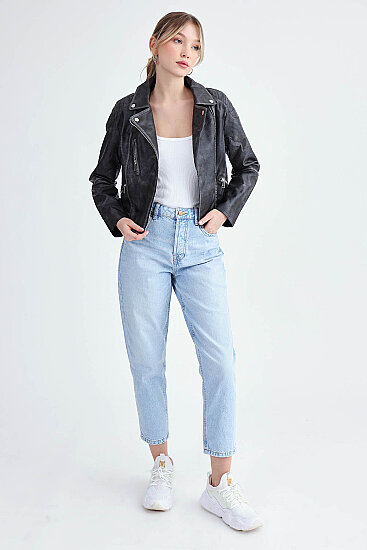 Fermuarlı Suni Deri Crop Biker Ceket - 4