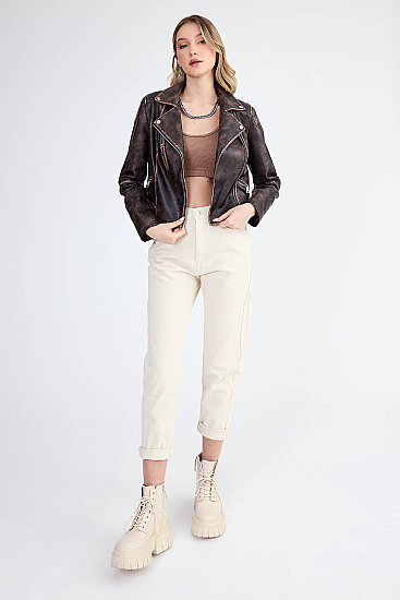 Fermuarlı Suni Deri Crop Biker Ceket - 10